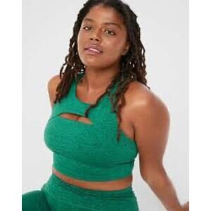 Aerie Offline Hugger Longline Bra Athletic Crop Top Green Keyhole Cutout Large